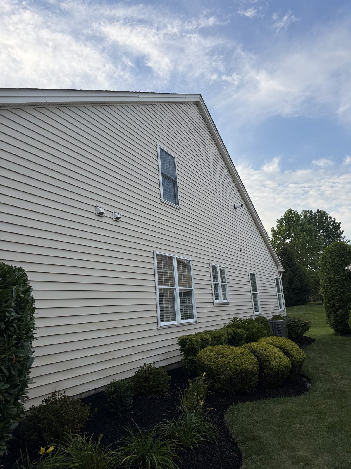 Freshly soft-washed vinyl siding on the side of a home